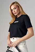 Жіноча футболка з вишитим написом Miu Miu - чорний колір, M (є розміри) ar