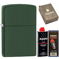 Комплект Zippo Зажигалка 221 Regular Green Matte + Бензин + Кремни + Подарочная коробка