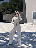 Летний женский базовый костюм: вискозный лонгслив с длинными рукавами и свободные штаны