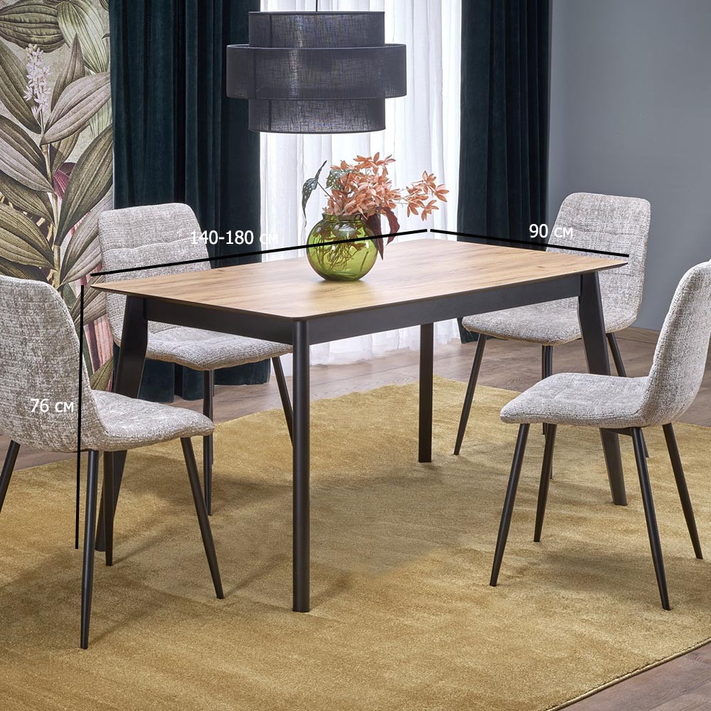 Розсувний обідній стіл на 8 персон Gulian 140-180х90 см дуб вотан з чорними металевими ніжками на кухню, фото 1