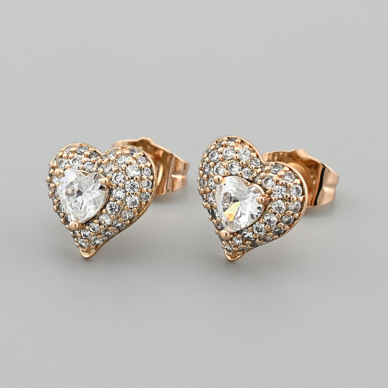 Сережки гвоздики Серце 43643 розмір 11х11 мм білі фіаніти вага 2.2 г позолота 18К, фото 1
