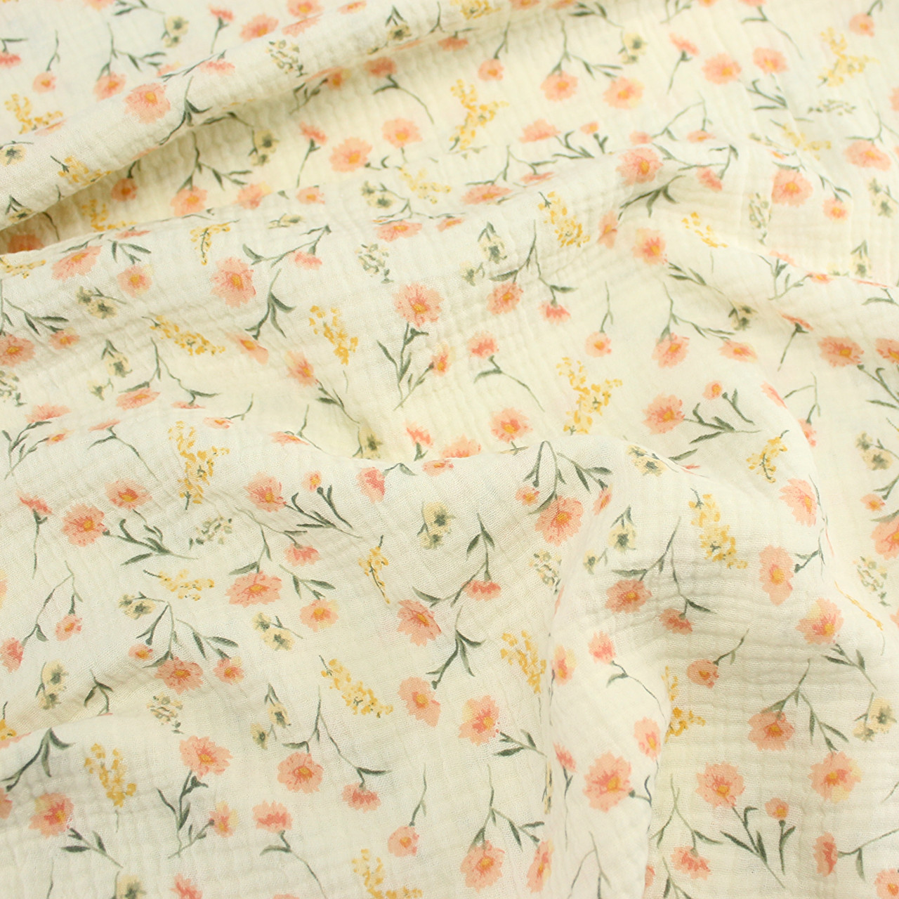 Двошаровий жатий муслін ширина 160 см "Коралово-жовті квіти" № МЖ-3-98, фото 1