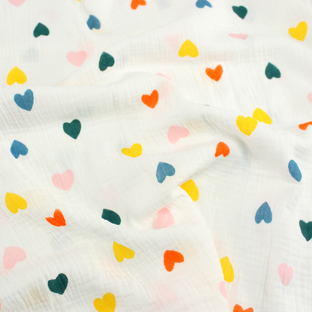 Двошаровий жатий муслін ширина 140 см "Різнокольорові серця" № МЖ-3-100, фото 1