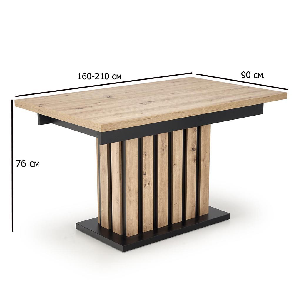 Стіл обідній розкладний ДСП Lamello 160-210х90 см дуб артисан з чорними вставками на одній ніжці в зал, фото 1