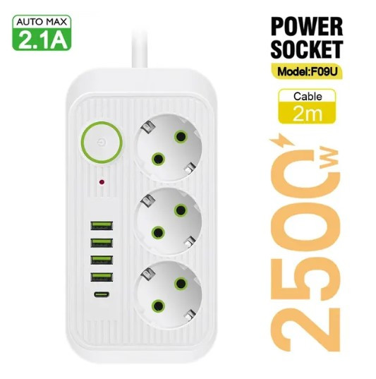 Трійна розетка з 4 USB портами і 1 Type-C, перехідник з розетками