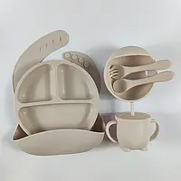 Набор детской силиконовой посуды 5М+ антискользящий Бежевый