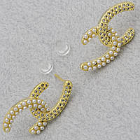 Сережки гвоздики Шинель з кристалами намистинками білі золотисті лимонні розмір 28Х15 мм покриття 925 S