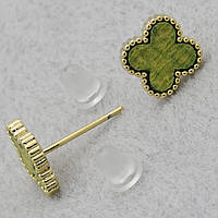 Сережки гвоздики хрестики Ван клиф золотистий лимонний відтінок із зеленою вставкою розмір 10х10 мм покриття 925S