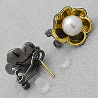 Сережки гвоздики квіточки круглі з намистинами білі патини золотистий лимонний відтінок Д 15 мм покриття 925 S
