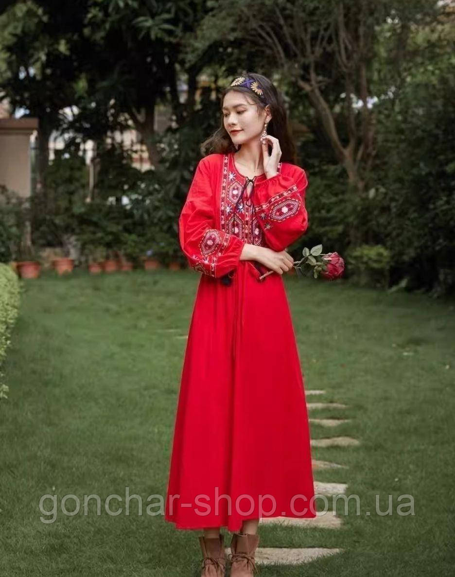 Сукня вишиванка Українська червона з червоною вишивкою хрестиком M