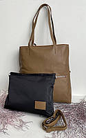 Женская сумка шоппер на плечо с косметичкой из натуральной кожи Polina & Eiterou, деловая кожаная сумка..