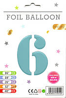 Фольгована куля цифра 6 блакитна, в упаковці 32" (80 см)