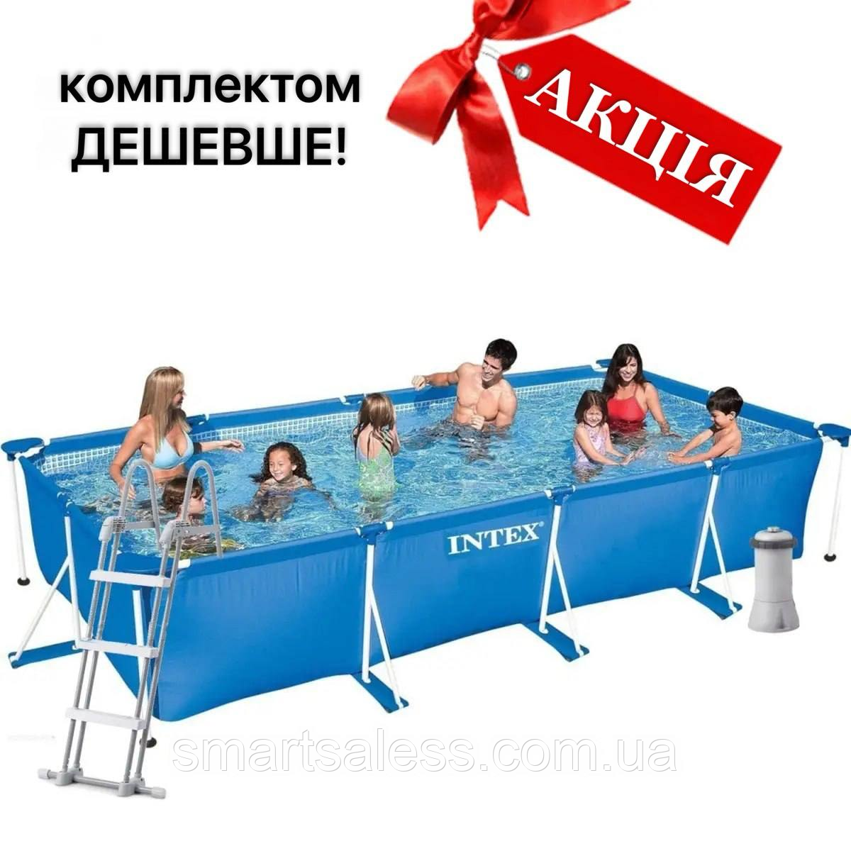 Каркасний басейн Intex, 450 х 220 х 84 см, насос 375 л/год, тент, підстилка, сходи