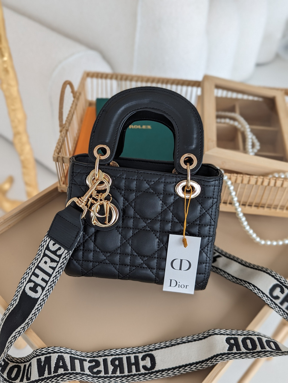 Жіноча сумка Леді Діор міні чорний із широким ременем ЛЮКС-якість