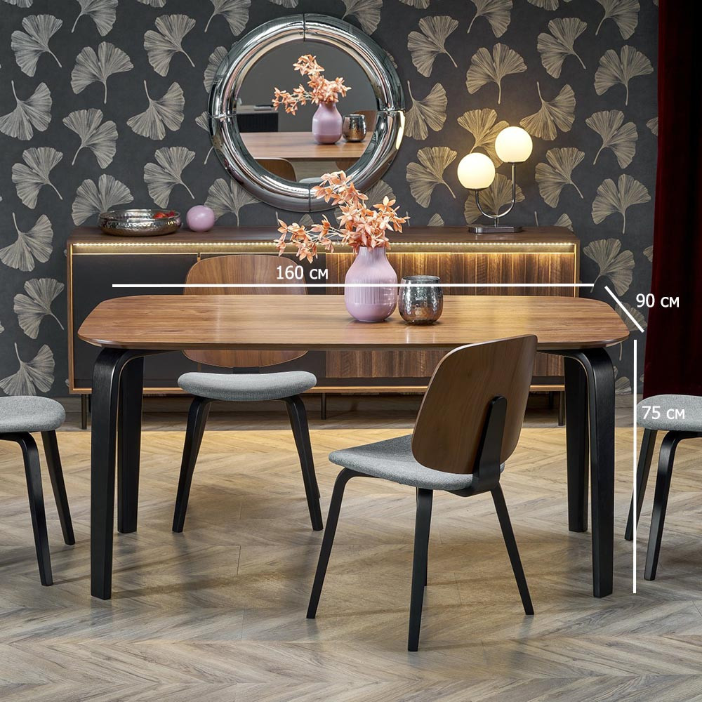 Стіл обідній із закругленими кутами Pedro 160х90 см горіх на чорних дерев'яних ніжках у вітальню, фото 1
