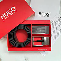 Ремінь із двома пряжками Hugo Boss чоловічий чорний в подарунковій коробці Adore