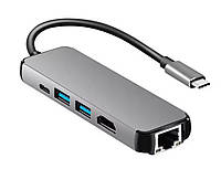 USB Хаб 5 в 1 Type-C to HDMI 4K + USB 3.0 * 2 + RJ45 + Type-C TRY PLUG серый