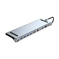 USB Хаб 11 в 1 Type-C to USB-C PD 100W + USB2.0*3 + USB3.0 + HDMI + VGA + Jack3.5 + SD/TF + RJ45 TRY серый