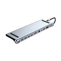 USB Хаб 11 в 1 Type-C to USB-C PD 100W + USB2.0*3 + USB3.0 + HDMI + VGA + Jack3.5 + SD/TF + RJ45 TRY сірий