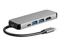 USB Хаб 5 в 1 Type-C to HDMI 4K + USB 3.0 * 2 + RJ45 + Type-C TRY PLUG серый