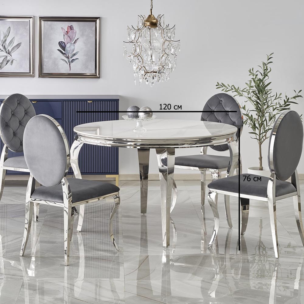 Круглий стіл у стилі класика Reginald 120 см з агломерату під білий мармур на сріблястих ніжках у вітальню, фото 1