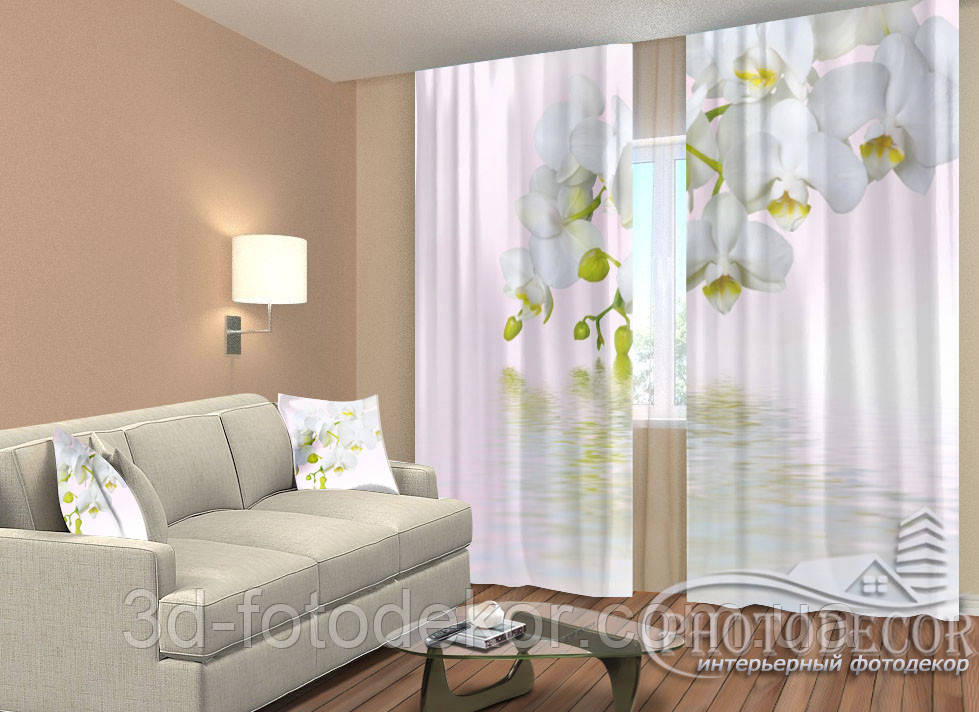3D Фото Штори "Ніжність з гілочкою білосніжних орхідей" 2,5м*2,6м (2 полотна по 1,30м), тасьма