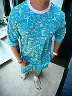 Блакитний спортивний чоловічий костюм з морським принтом футболка шорти TOPlife