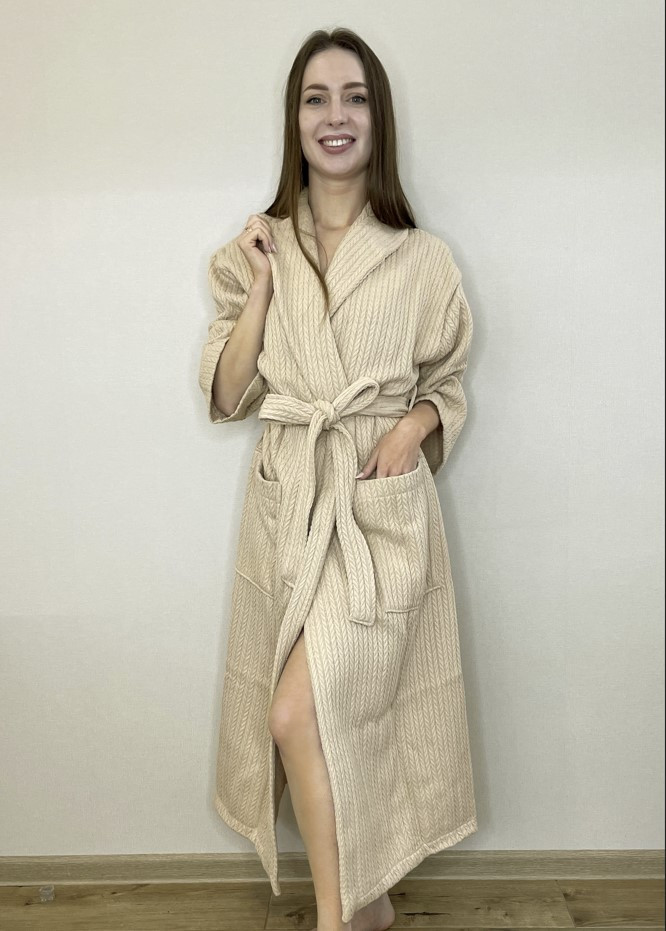 Халат вафельний-косичка Беж, розмір XL 54-56 /довжина 125 см (рукав 3/4), фото 1