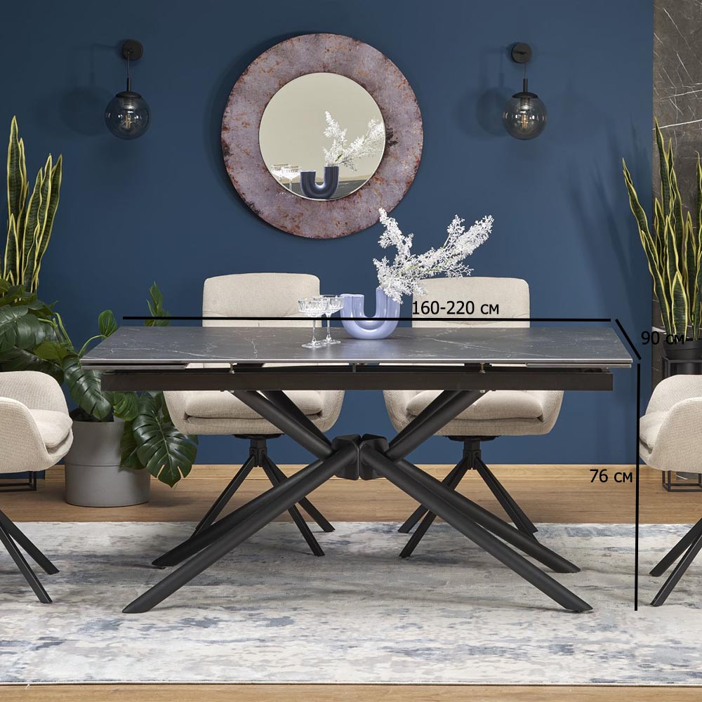 Розкладний стіл з агломерату Vitorino 160-220х90 см під чорний мармур із металевим ніжками в їдальню, фото 1