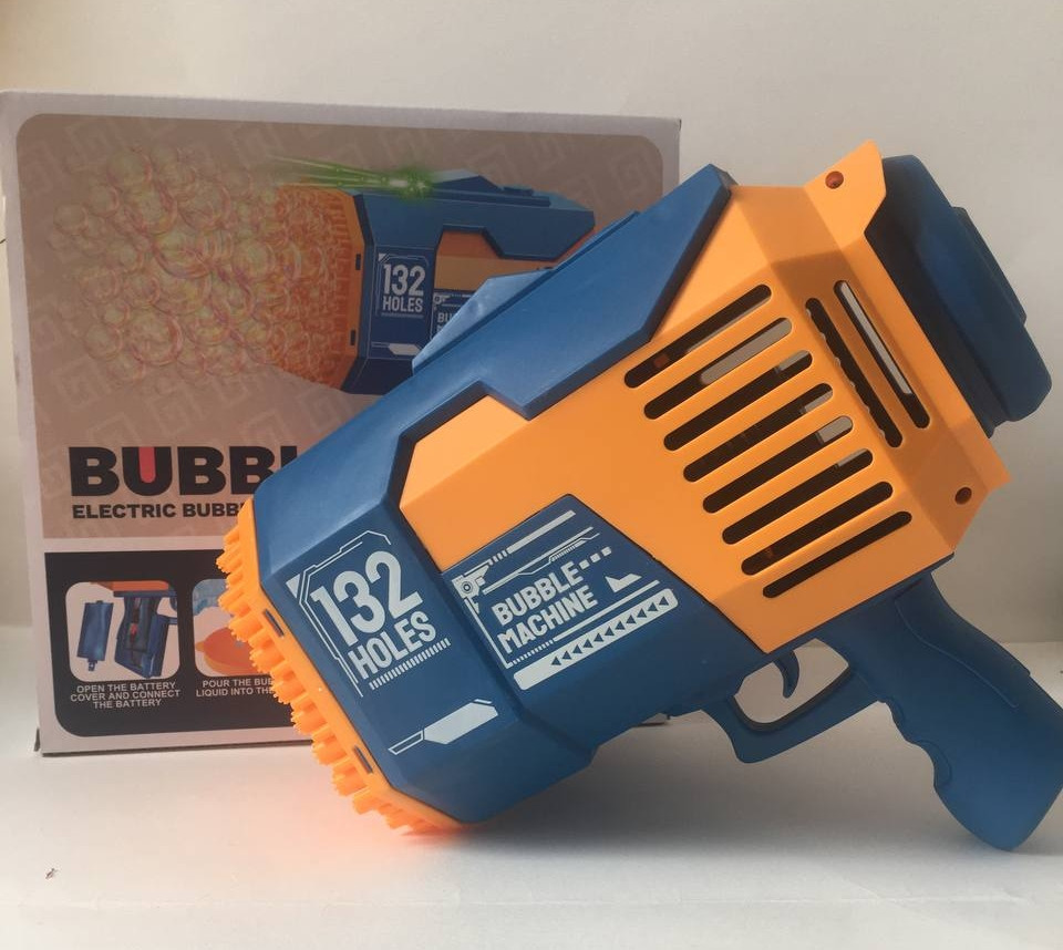 Пістолет мильних бульбашок Electric Bubble machine синій з жовтогарячим 132 отвори, фото 1