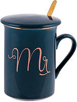 Кухоль порцеляновий Coffee Prelude "Mr" 380мл з кришкою та ложкою, синій SND