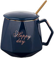 Кружка порцелянова Coffee Prelude "Happy Day" 420мл з кришкою і ложкою, синя SND