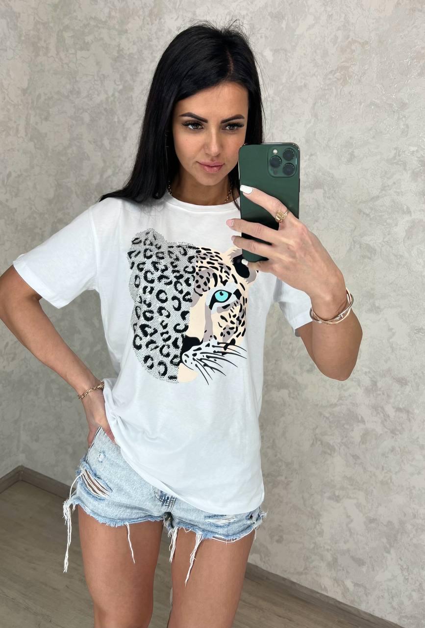 Модна жіноча повсякденна футболка зі стразами та принтом "Leopard" Стильна оригінальна якісна жіноча футболка