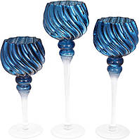 Набор 3 стеклянных подсвечника Catherine 30см, 35см, 40см, синий блюмарин SND