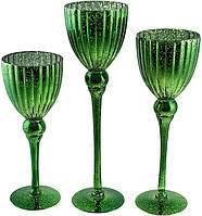 Набір 3 скляних підсвічники Catherine 30см, 35см, 40см, різдвяний зелений SND