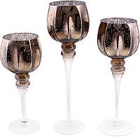 Набір 3 скляних підсвічники Catherine 30см, 35см, 40см, дзеркальний мокко SND