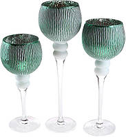 Набір 3 скляних підсвічники Catherine 30см, 35см, 40см, зелений SND