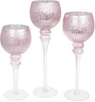 Набор 3 стеклянных подсвечника Christel 30см, 35см, 40см, мерцающий розовый SND