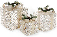 Набор декоративных подарков - 3 коробки 15х20см, 20х25см, 25х30см с LED-подсветкой, белый с бежевым и хвоей
