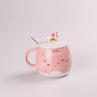 Чашка керамічна Rainbow Ceramic Mug 400ml Pink з кришкою і ложкою кухоль для чаю з кришкою