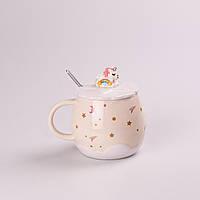 Чашка керамічна Rainbow Ceramic Mug 400ml Pink з кришкою і ложкою кухоль для чаю з кришкою Бежевий