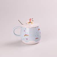 Чашка керамічна Rainbow Ceramic Mug 400ml Pink з кришкою і ложкою кухоль для чаю з кришкою Блакитний