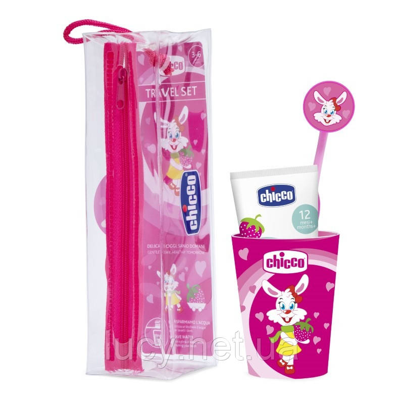Chicco, зубна паста, зубна щітка, чашка + футляр, дорожній набір, рожевий, 36м+ (6860935)