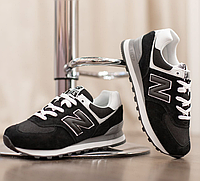 Женские кроссовки New Balance 574 Black White обувь Нью Беланс черно-белые замша сетка весна лето осень