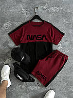 Летний мужской комплект NASA футболка и шорты Турция черный с бордовым