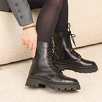 Ботинки кожаные с мехом Черные ботинки на зиму для женщин Adore Черевики шкіряні з хутром Чорні ботінки на