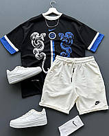 Спортивный мужской комплект шорты и футболка черный белый Nike Adore Спортивний чоловічий комплект найк шорти