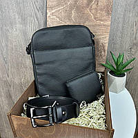 Чоловіча шкіряна сумка барсетка + шкіряний ремінь гаманець портмоне з натуральної шкіри, подарунковий набір 3 в 1 Adore