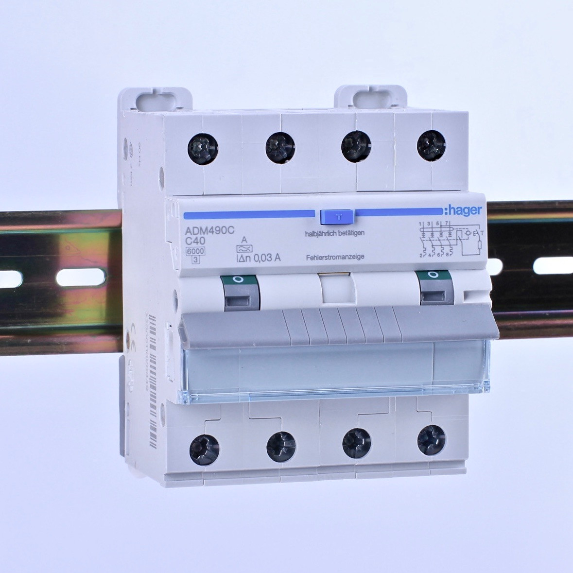 Трифазний диференціальний автоматичний вимикач 4P 6kA C-40A 30mA A, Hager ADM490C