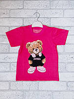 Детская футболка на девочку малиновая с мишкой трикотажная летняя